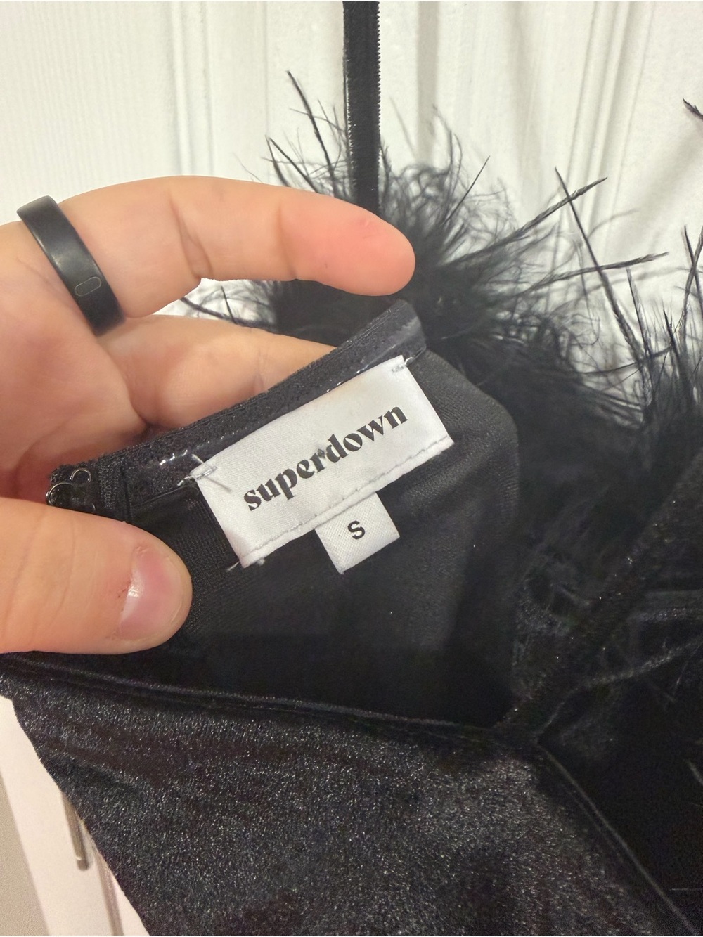 superdown Black Velvet Mini Dress with Feather Trim - Picture 5 of 5